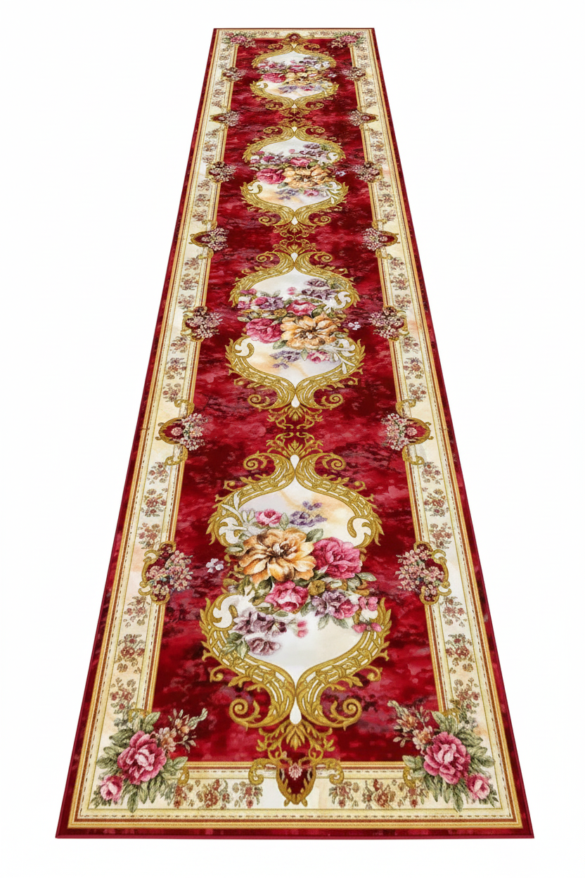 Tapis de Couloir Oriental Rouge et Doré — Motif Aubusson Fleuri — Tapis Long Antidérapant