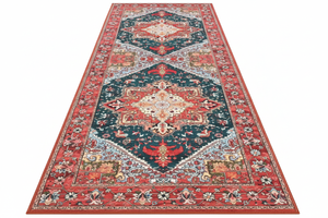 Tapis de Cuisine Oriental Long Rouge et Bleu Marine — Motif Médaillon Vintage — Tapis Antidérapant