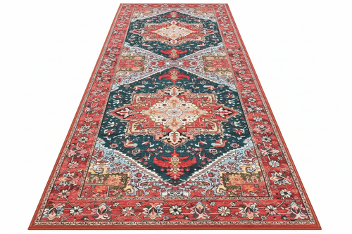 Tapis de Cuisine Oriental Long Rouge et Bleu Marine — Motif Médaillon Vintage — Tapis Antidérapant