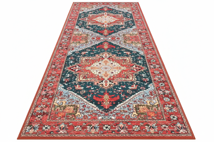 Tapis de Cuisine Oriental Long Rouge et Bleu Marine — Motif Médaillon Vintage — Tapis Antidérapant