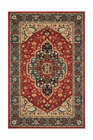 Tapis de Salon Oriental Rouge et Bleu Paon — Motif Médaillon Vintage — Grand Tapis Antidérapant