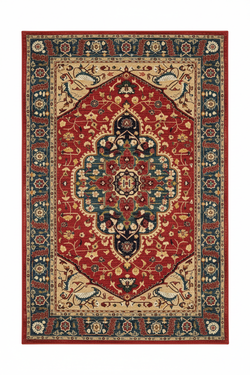 Tapis de Salon Oriental Rouge et Bleu Paon — Motif Médaillon Vintage — Grand Tapis Antidérapant