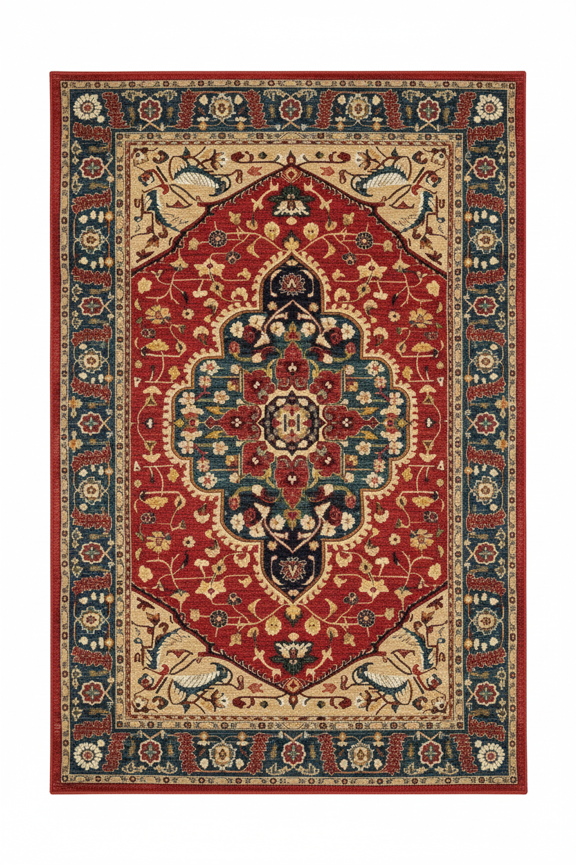 Tapis de Salon Oriental Rouge et Bleu Paon — Motif Médaillon Vintage — Grand Tapis Antidérapant
