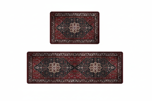 Tapis de Cuisine Oriental Rouge et Noir — Set 2 Pièces Motif Médaillon Floral | Tapis Antidérapant
