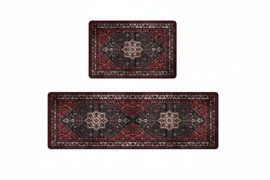 Tapis de Cuisine Oriental Rouge et Noir — Set 2 Pièces Motif Médaillon Floral | Tapis Antidérapant