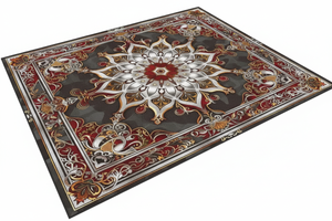 Tapis de Salon Oriental Rouge et Argent — Motif Médaillon Étoilé Luxe — Grand Tapis Antidérapant