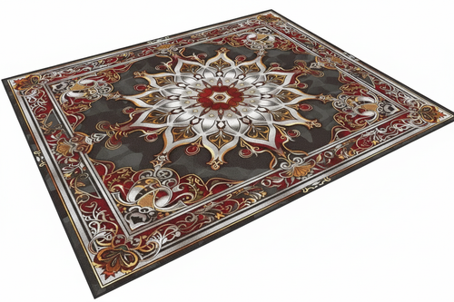 Tapis de Salon Oriental Rouge et Argent — Motif Médaillon Étoilé Luxe — Grand Tapis Antidérapant