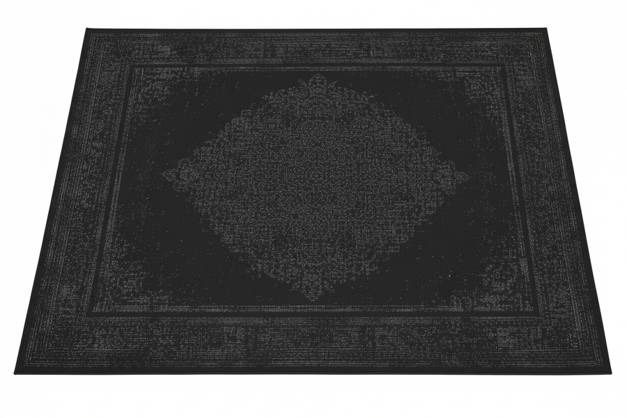 Tapis de Salon Oriental Noir — Motif Médaillon Vintage Délavé — Grand Tapis Antidérapant