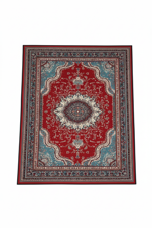 Tapis de Salon Oriental Rouge et Bleu Turquoise — Motif Médaillon Vintage — Grand Tapis Antidérapant