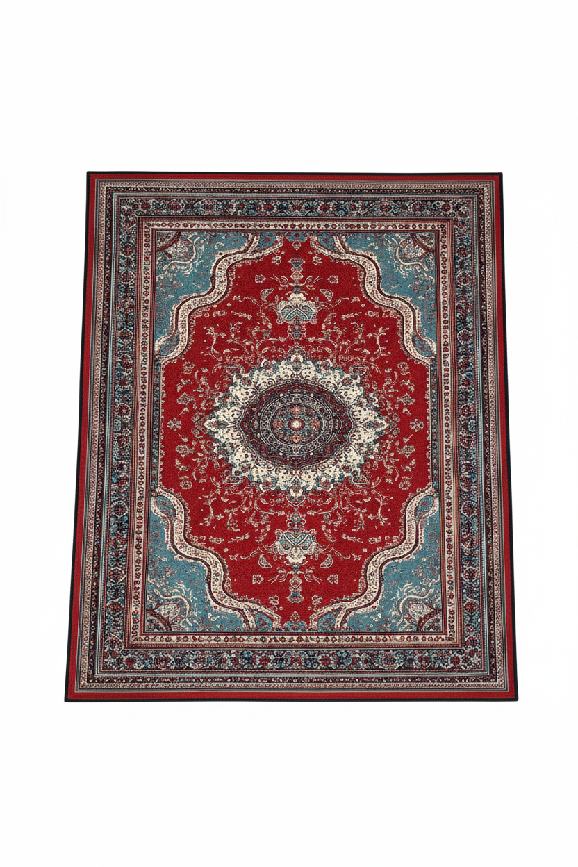 Tapis de Salon Oriental Rouge et Bleu Turquoise — Motif Médaillon Vintage — Grand Tapis Antidérapant