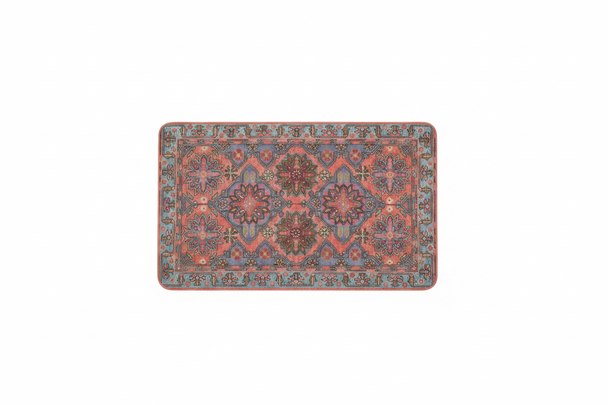 Tapis de Bain Oriental Corail et Bleu — Motif Floral Géométrique Vintage — Tapis de Salle de Bain Antidérapant