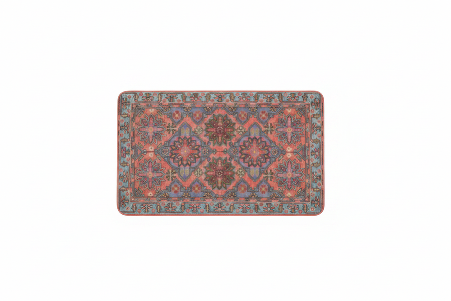 Tapis de Bain Oriental Corail et Bleu — Motif Floral Géométrique Vintage — Tapis de Salle de Bain Antidérapant