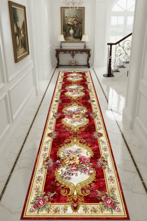 Tapis de Couloir Oriental Rouge et Doré — Motif Aubusson Fleuri — Tapis Long Antidérapant