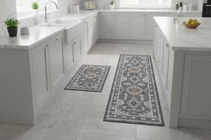 Tapis de Cuisine Oriental Gris Ethnique — Set 2 Pièces Motif Géométrique Boho — Tapis Antidérapant