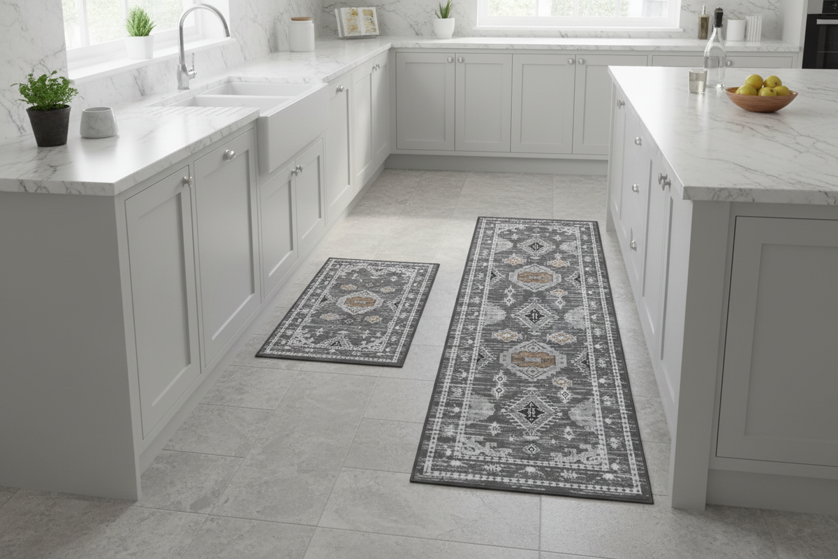Tapis de Cuisine Oriental Gris Ethnique — Set 2 Pièces Motif Géométrique Boho — Tapis Antidérapant