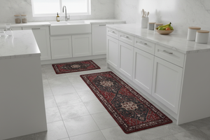 Tapis de Cuisine Oriental Rouge et Noir — Set 2 Pièces Motif Médaillon Floral | Tapis Antidérapant