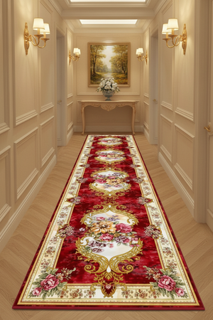 Tapis de Couloir Oriental Rouge et Doré — Motif Aubusson Fleuri — Tapis Long Antidérapant