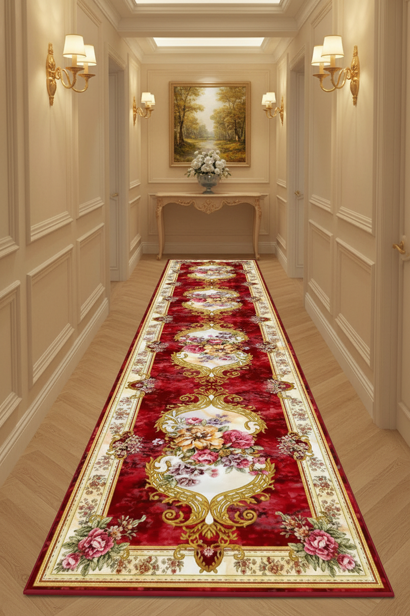 Tapis de Couloir Oriental Rouge et Doré — Motif Aubusson Fleuri — Tapis Long Antidérapant