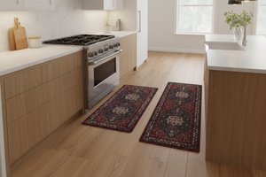 Tapis de Cuisine Oriental Rouge et Noir — Set 2 Pièces Motif Médaillon Floral | Tapis Antidérapant