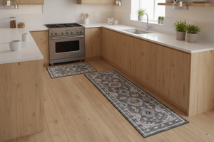 Tapis de Cuisine Oriental Gris Ethnique — Set 2 Pièces Motif Géométrique Boho — Tapis Antidérapant