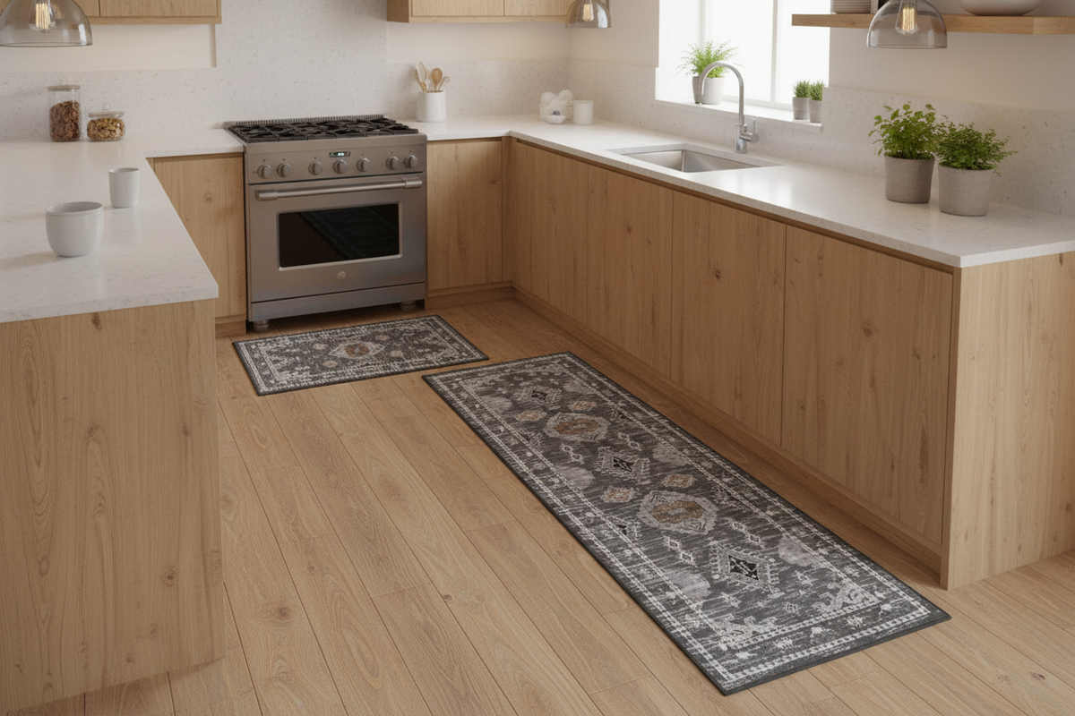 Tapis de Cuisine Oriental Gris Ethnique — Set 2 Pièces Motif Géométrique Boho — Tapis Antidérapant