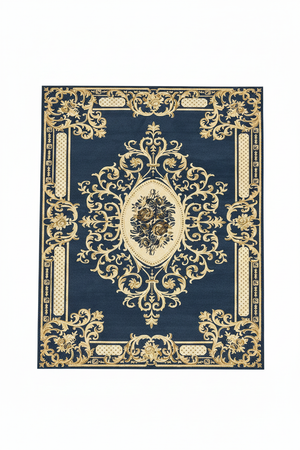Tapis de Salon Oriental Bleu Marine et Doré — Motif Médaillon Baroque Ovale — Grand Tapis Antidérapant