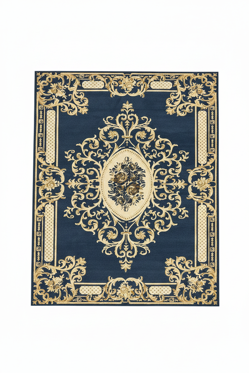 Tapis de Salon Oriental Bleu Marine et Doré — Motif Médaillon Baroque Ovale — Grand Tapis Antidérapant