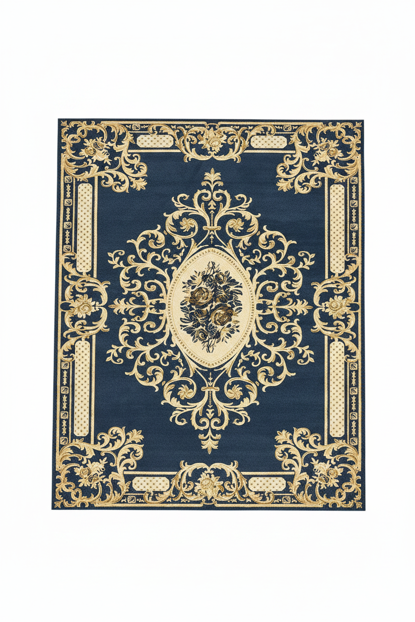 Tapis de Salon Oriental Bleu Marine et Doré — Motif Médaillon Baroque Ovale — Grand Tapis Antidérapant