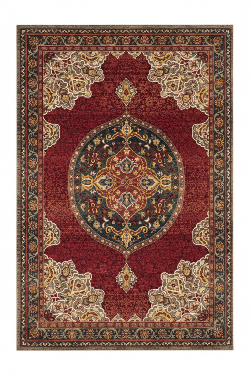Tapis de Salon Oriental Rouge et Bleu-Vert — Motif Médaillon Rond Ornemental — Grand Tapis Antidérapant