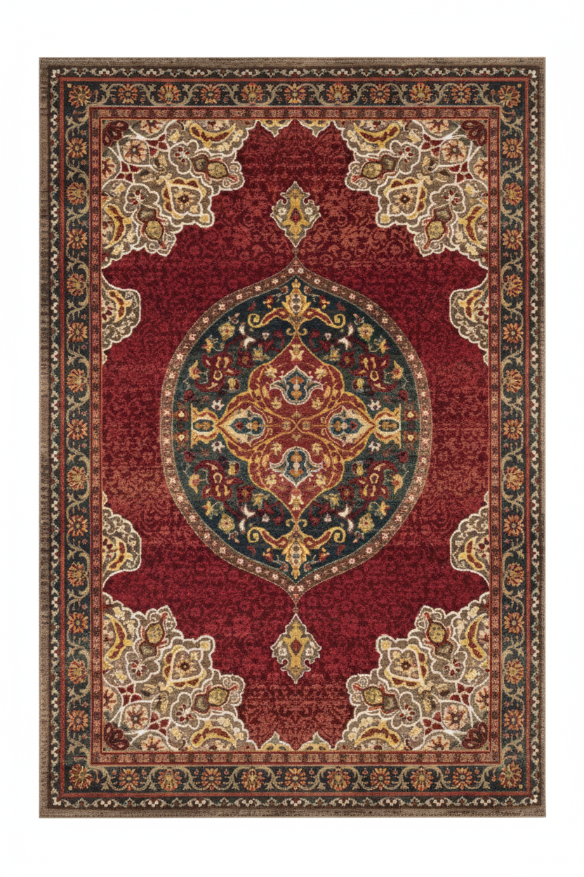 Tapis de Salon Oriental Rouge et Bleu-Vert — Motif Médaillon Rond Ornemental — Grand Tapis Antidérapant