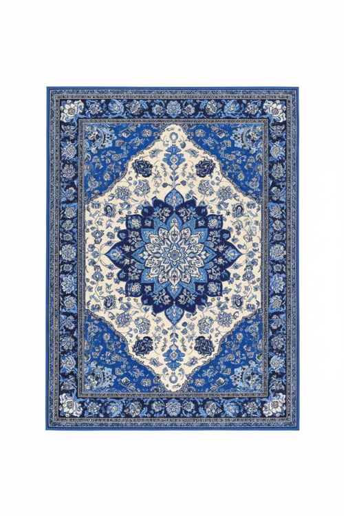Tapis de Salon Oriental Bleu Roi — Motif Médaillon Floral Vibrant — Grand Tapis Antidérapant