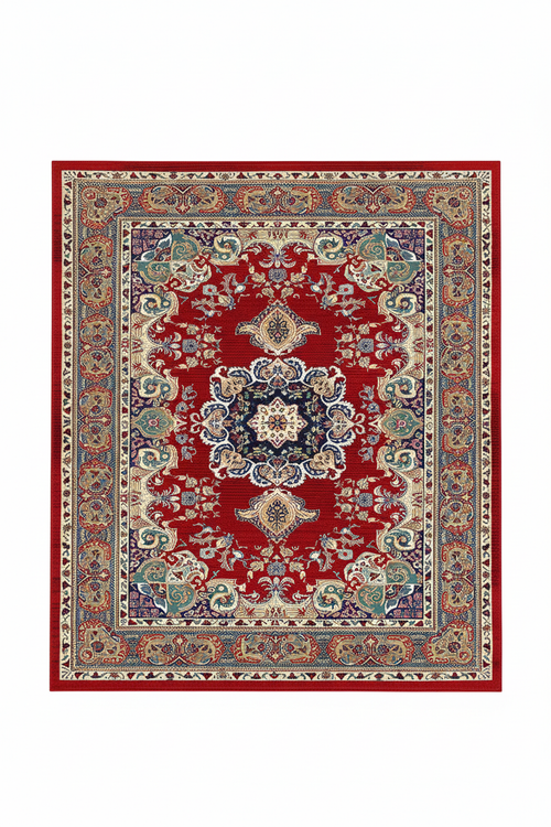 Tapis de Salon Oriental Rouge et Bleu Nuit — Motif Médaillon Fleuri Vintage — Grand Tapis Antidérapant
