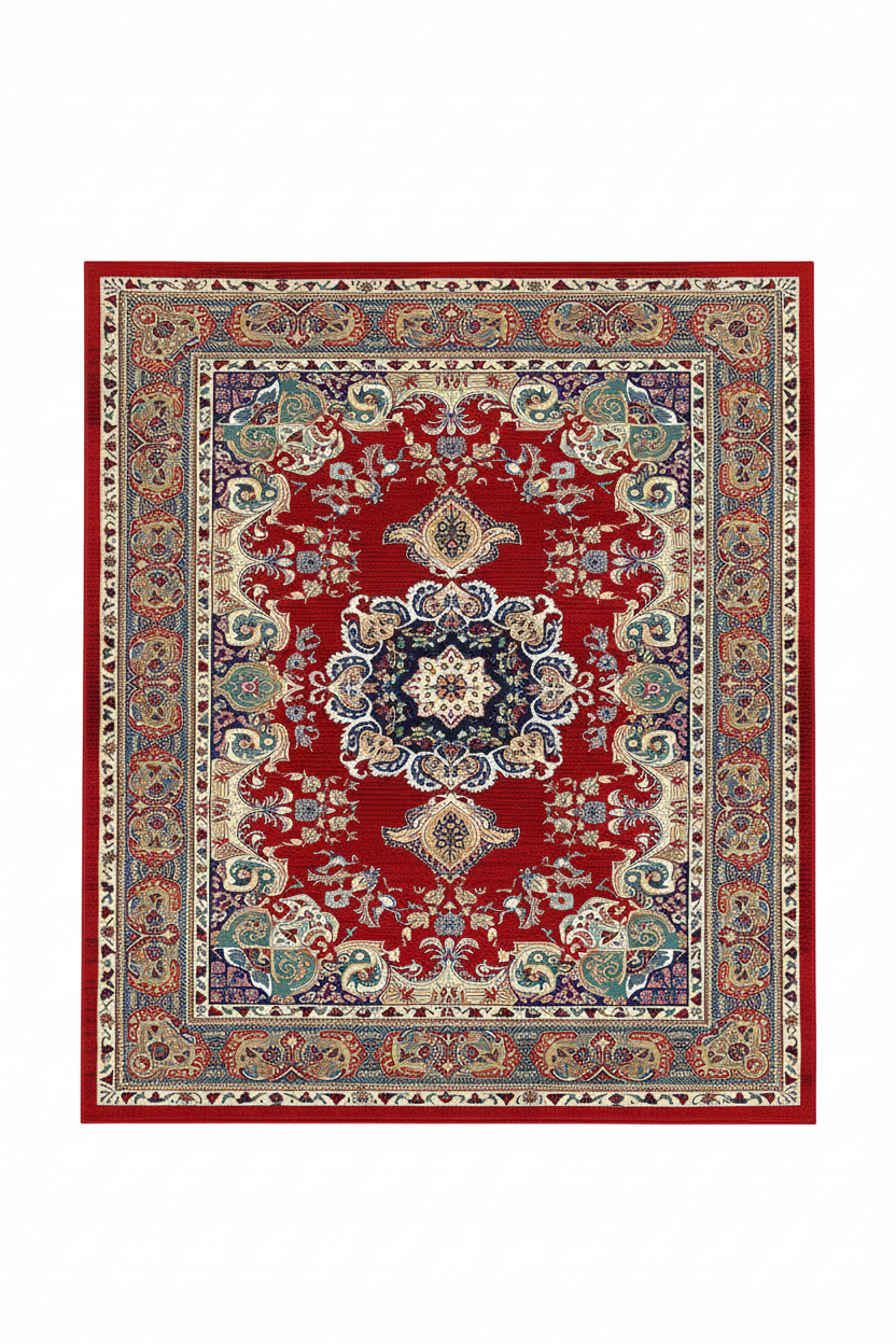 Tapis de Salon Oriental Rouge et Bleu Nuit — Motif Médaillon Fleuri Vintage — Grand Tapis Antidérapant