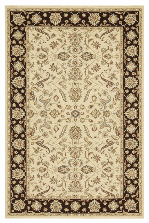 Tapis de Salon Oriental Ivoire et Marron — Motif Floral Classique — Grand Tapis Antidérapant