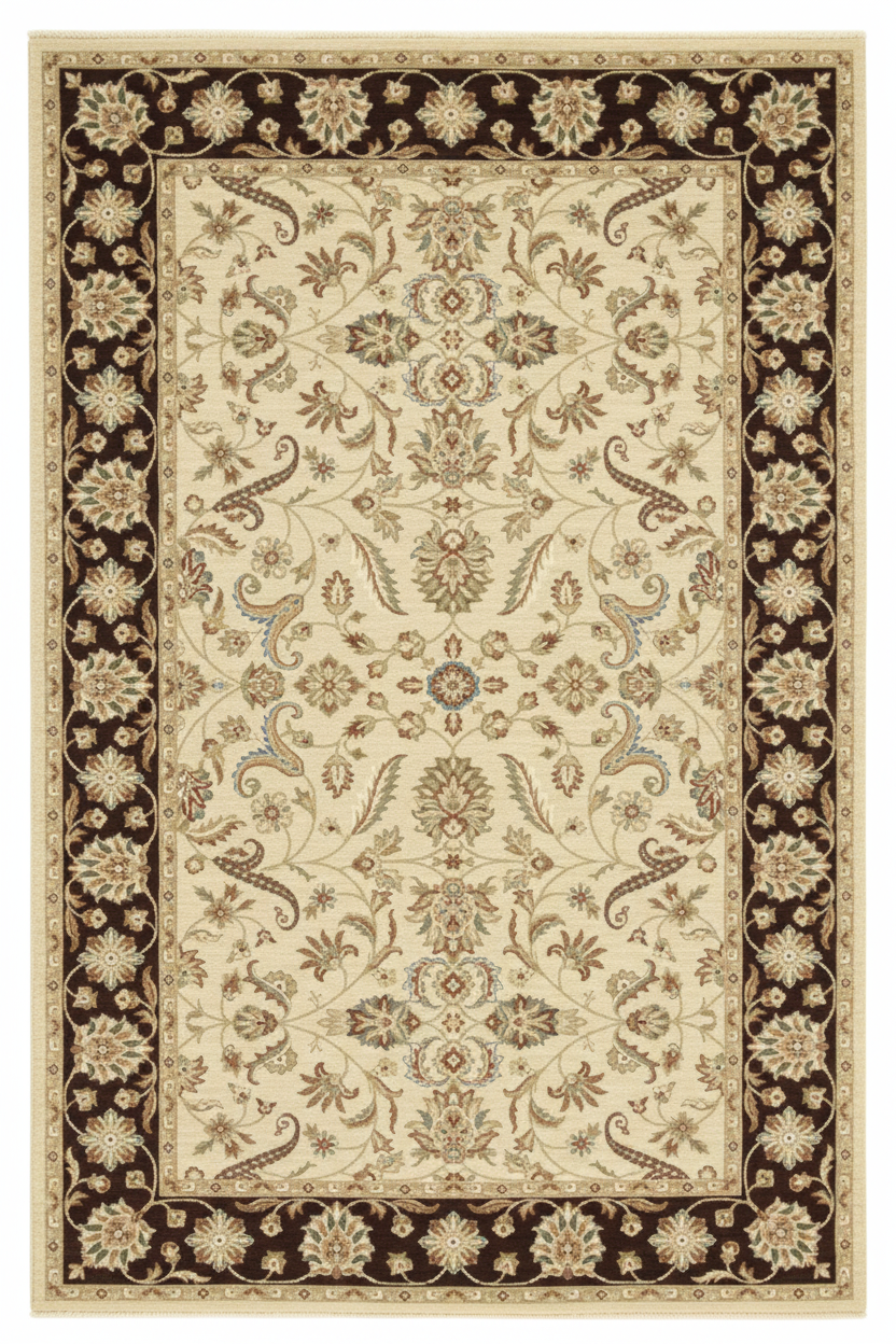 Tapis de Salon Oriental Ivoire et Marron — Motif Floral Classique — Grand Tapis Antidérapant