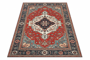 Tapis de Salon Oriental Rouge et Bleu — Motif Médaillon Luxe — Grand Tapis Antidérapant