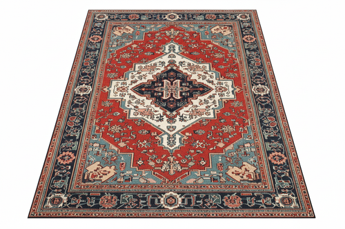 Tapis de Salon Oriental Rouge et Bleu — Motif Médaillon Luxe — Grand Tapis Antidérapant