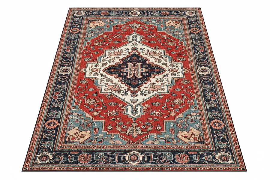 Tapis de Salon Oriental Rouge et Bleu — Motif Médaillon Luxe — Grand Tapis Antidérapant