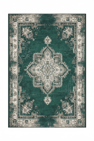 Tapis de Salon Oriental Vert Émeraude — Motif Médaillon Vintage — Grand Tapis Antidérapant