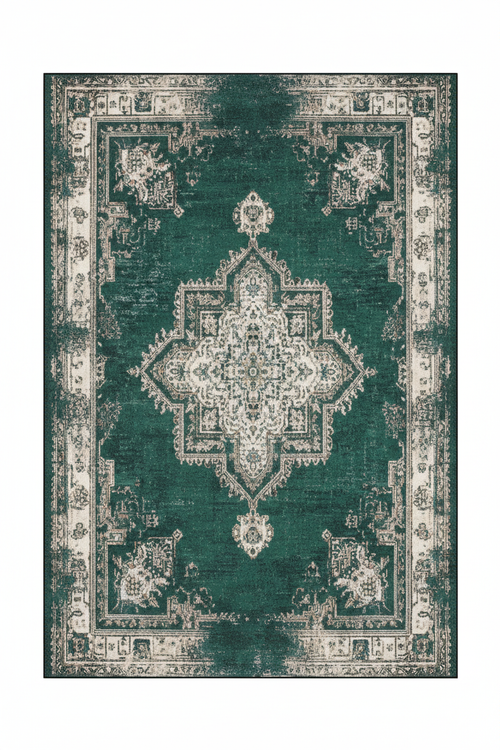 Tapis de Salon Oriental Vert Émeraude — Motif Médaillon Vintage — Grand Tapis Antidérapant