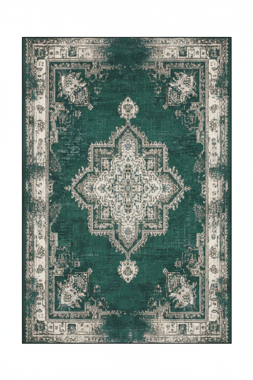 Tapis de Salon Oriental Vert Émeraude — Motif Médaillon Vintage — Grand Tapis Antidérapant