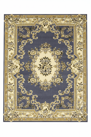 Tapis de Salon Oriental Bleu Marine et Doré — Motif Médaillon Baroque Élégant — Grand Tapis Antidérapant