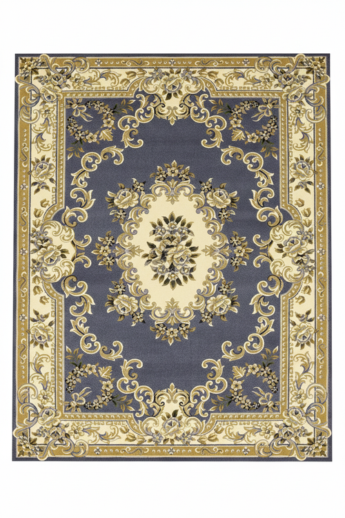 Tapis de Salon Oriental Bleu Marine et Doré — Motif Médaillon Baroque Élégant — Grand Tapis Antidérapant