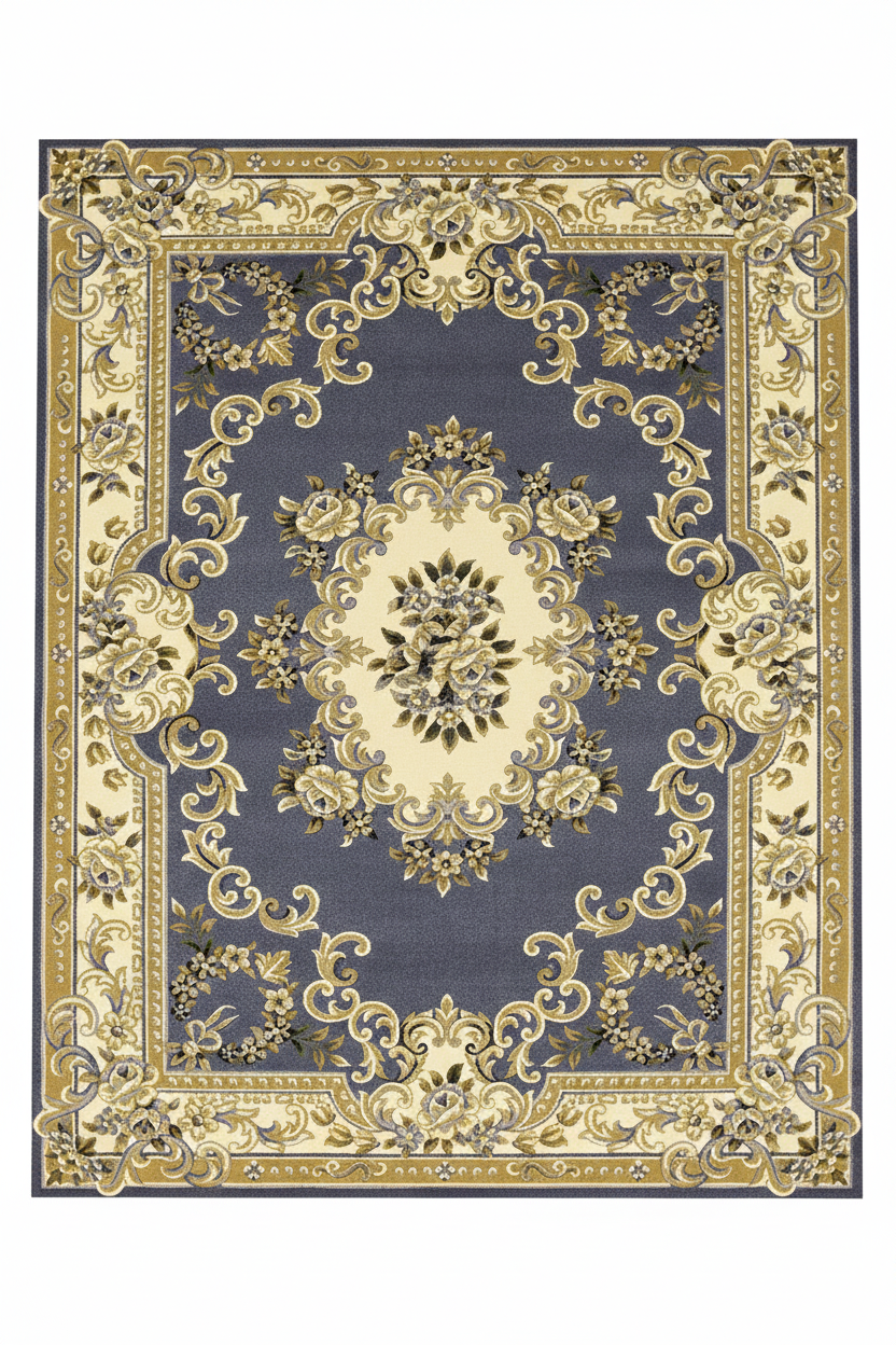 Tapis de Salon Oriental Bleu Marine et Doré — Motif Médaillon Baroque Élégant — Grand Tapis Antidérapant
