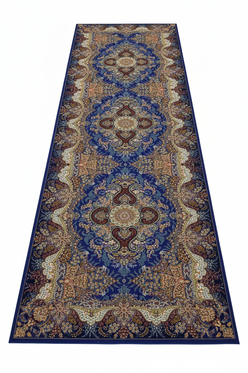Tapis de Couloir Oriental Bleu Roi et Multicolore — Motif Médaillon Luxe — Tapis Long Antidérapant