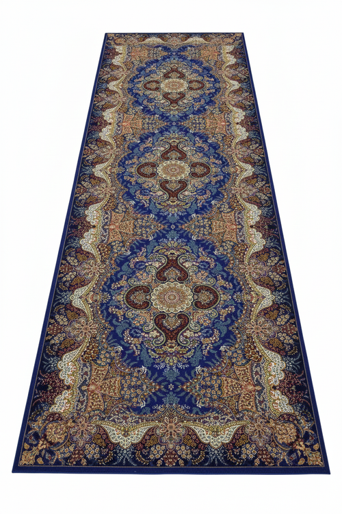 Tapis de Couloir Oriental Bleu Roi et Multicolore — Motif Médaillon Luxe — Tapis Long Antidérapant