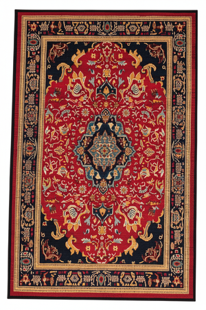 Tapis de Salon Oriental Rouge et Bleu Marine — Motif Médaillon Vintage — Grand Tapis Antidérapant
