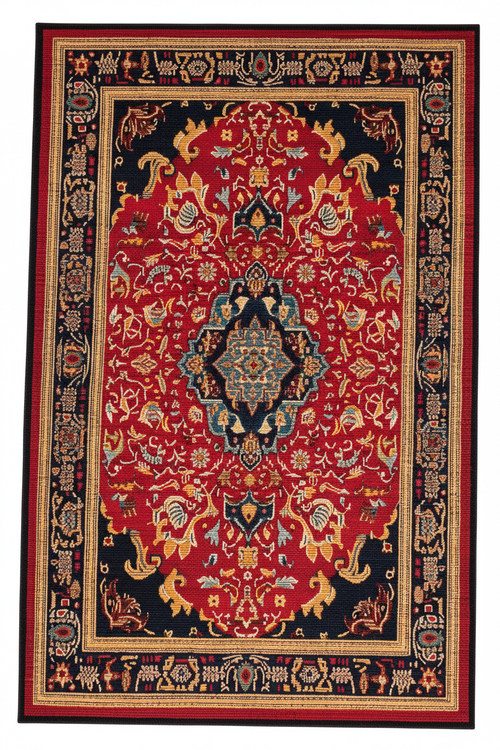 Tapis de Salon Oriental Rouge et Bleu Marine — Motif Médaillon Vintage — Grand Tapis Antidérapant