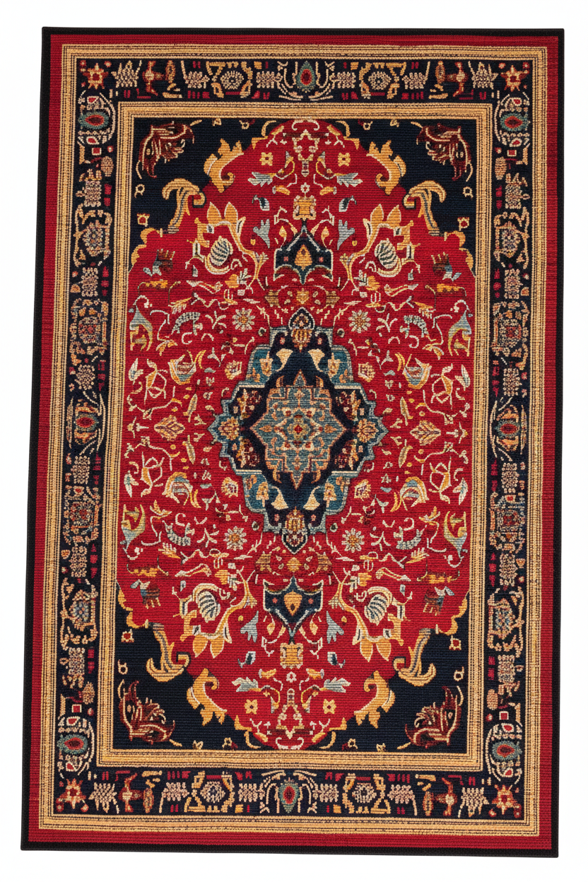 Tapis de Salon Oriental Rouge et Bleu Marine — Motif Médaillon Vintage — Grand Tapis Antidérapant