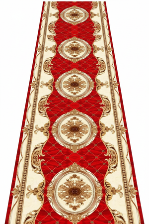 Tapis de Couloir Oriental Rouge et Or — Motif Médaillon Baroque — Tapis Long Antidérapant
